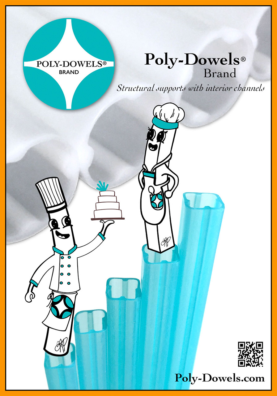 Chef Poly and Nonnita Official Poly-Dowels® Brand characters with internal structural supports for multi-tier cake